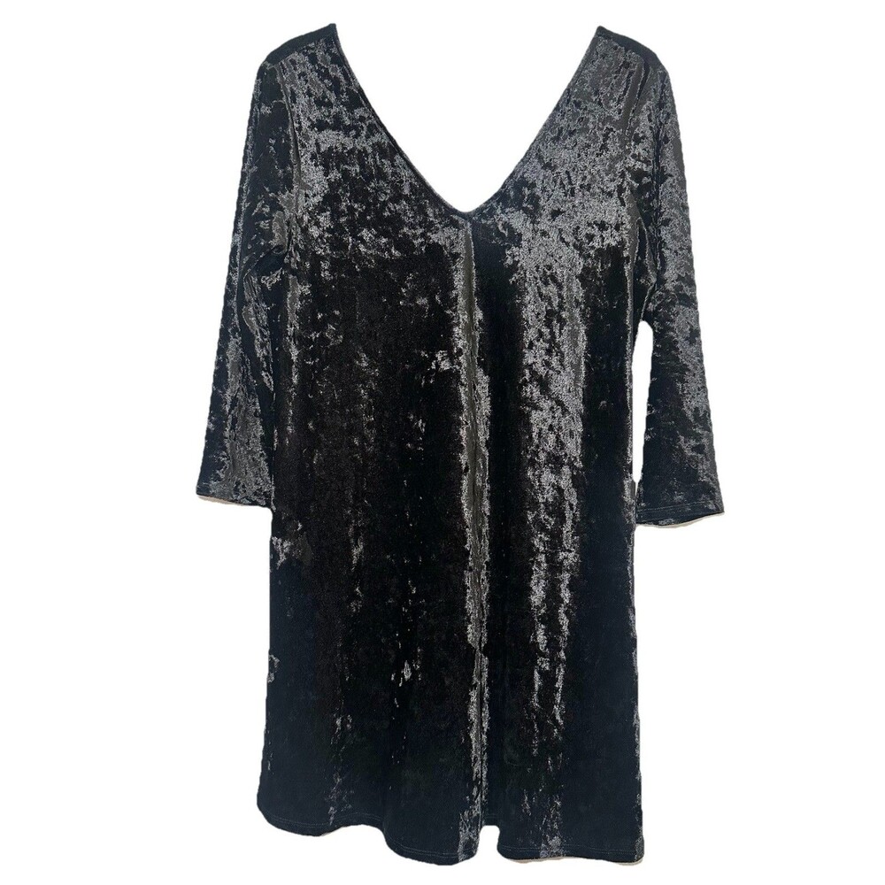 Black Crushed Velvet V Neck Swing Dress 3/4 Sleeve Stretch Holiday L Junior